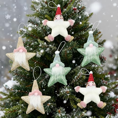 6 Stück Pentagrammform Kleiner Plüsch Wichtel Gnom Weihnachten deko christmasdecorations Handgemachte süße Mini Christbaumschmuck Weihnachtsbaumzwerge zum Aufhänge für Weihnachtsbaum