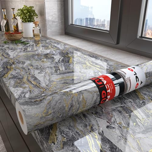 Decotalk Möbelfolie Küche Selbstklebend Marmoroptik Grau Mit Gold 81X300cm Küchenfolie Klebefolie Möbel Marmor Grau Folie für Möbel Küche Arbeitsplatte Tapete Selbstklebend Deko-Folie für Bad Schrank