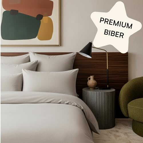 Amqua Biber Bettwäsche 200x200 Beige – 3-teiliges Bettwäsche Set aus 100% Baumwolle, mit 2 Kissenbezügen 80x80, kuschelige Flanell Winterbettwäsche, atmungsaktiv, pflegeleicht, mit Reißverschluss