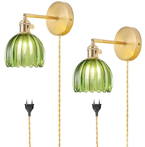 NETHCUEL Steckbare Wandlampe-Set (2), Vintage Wandlampe Innen Tulpen Grüne Glaskerze, 180° Verstellbar mit Schalter/Steckkabel, Goldene Wandlampe Dekoration (2), Leuchtmittel Nicht Enthalten