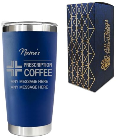Engraved Travel Cup, Personalised Prescription for Coffee Design, 500ml or 17.5oz Capacity, Gift Boxed, Funny Gift, Dark Blue Insulated Coffee Cup