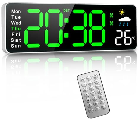 Digitale Wanduhr, 12 Digitaluhr mit Temperatur, Luftfeuchtigkeit, Wetterbericht, wöchentliche Uhrzeit und automatische Dimmfunktion, Timer für Wohnzimmer/Klassenzimmer/Fitnessstudio/Geschäft, Grün
