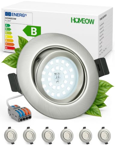 HOMEOW LED Einbaustrahler 230V Metallgehäuse Schwenkbar Nickel 6er Set | LED Spots Lochmaß 68 - 80mm Deckenspots Ultra Flach IP44 für Bad Dusche Kueche Kaltweiß 6000K 4.7W 760LM Nicht Dimmbar