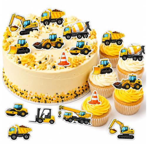 ALEGRE 54 Stück Esspapier Tortendeko Baustellen Deko Kindergeburtstag | Essbare Bagger Tortendeko Geburtstag,Muffin Deko Essbar,Bagger Kuchendeko für Muffins, Cupcakes, Fondant und Dessertbuffet