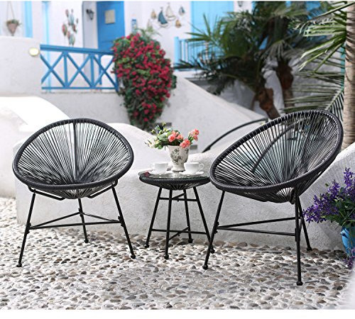 CONCEPT USINE - Salon de Jardin - Ensemble Bistrot 3 pièces Rotin Naturel : 2 Fauteuils Oeuf + Table Ronde Design Acapulco Gris | Cordes Polyéthylène Résistant | Intérieur Extérieur | Résiste à l'eau