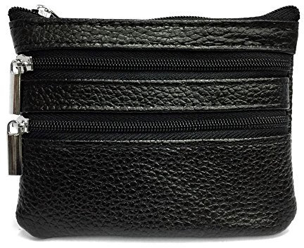 LOLUNA® Porte-monnaie homme cuir véritable format carré compact plat 3 zip - Clé - Carte crédit - Billet - plusieurs couleur (Noir)