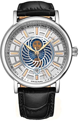 Stuhrling Original Herren Kleiduhr Edelstahlgehäuse und Lederband Analoges Zifferblatt mit Datum und Tag/Nacht-Komplikation Duet Mens Watches Collection (Silver)