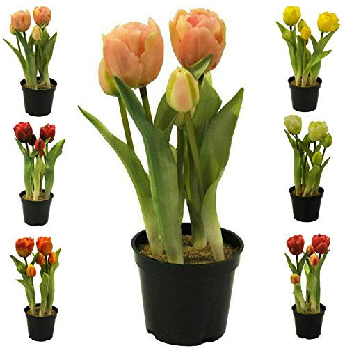Künstliche & Realistische Tulpe im Topf Höhe: 26cm - Große Auswahl - Hochwertig & Gefühlsecht - Kunstpflanze (Rosa, Offene Blüten)
