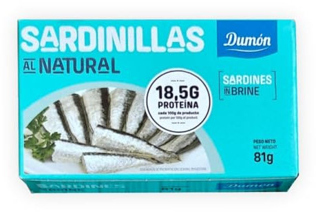 DUMON - 25 Einheiten von 90 Gramm natürlichen Sardinen in Dosen. Proteinreiche Fischkonserven, Premium Sardinen. Fischkonserven in eigenem Saft.