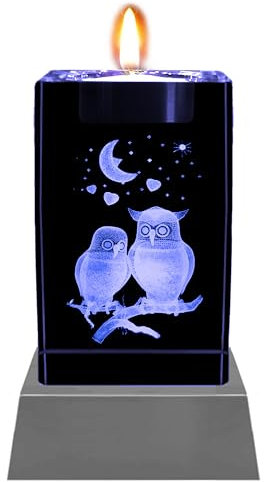 Kaltner Präsente Stimmungslicht LED Kerze/Kristall Glasblock / 3D-Laser-Gravur/Eulen Nachtlicht, Ich Liebe Dich Geschenke für Frauen, Jahrestag, Teelichthalter Eule