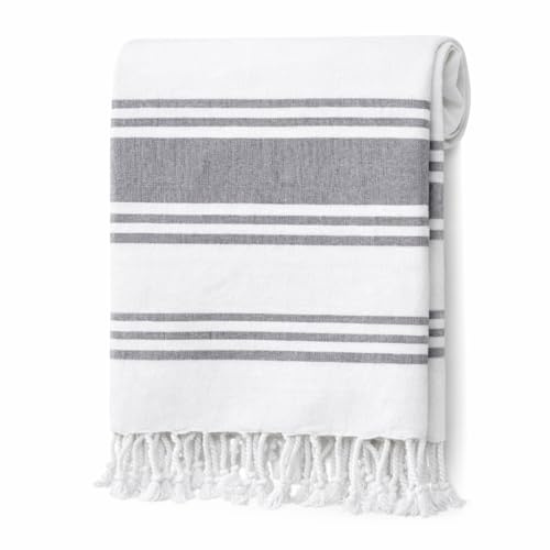 Adore Home Large Hammam Beach Towel Striped Turkish Style Fouta Peshtemal Cotton, Rio Stripe Grey