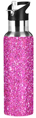 JUMBEAR Bouteille d'eau à texture pailletée rose en acier inoxydable étanche à large goulot avec couvercle à paille pour fitness, salle de sport et sports de plein air 650 ml, 22OZ