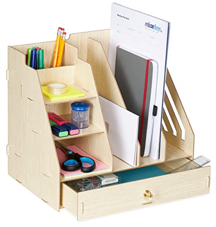 Relaxdays Organiseur bureau, 3 porte-documents, 3 étagères, 2 porte-stylos, 1 tiroir, DIY, MDF, marron clair