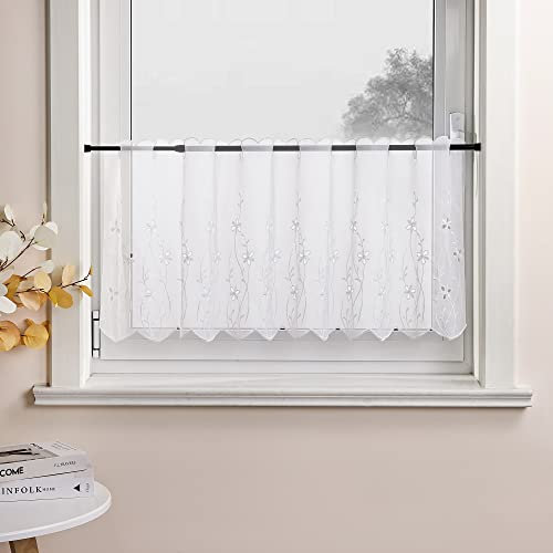 Joyswahl Voile Scheibengardine mit schwarz-weißer Blumenstickerei Landhausstil Kurzstores mit Lochleiste modische Bistrogardine, BxH 90x45cm weiß 1er Pack
