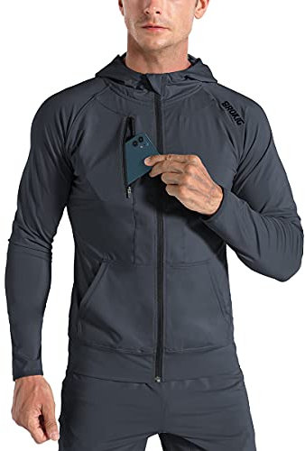 BROKIG Leichte Hoodie Herren,Schnelltrocknende Laufjacke Atmungsaktives Kapuzenpullover Trainingsjacke mit Reißverschluss(Dunkelgrau,L)