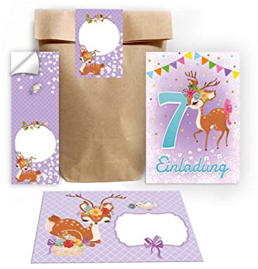 Junapack 12 Einladungskarten zum 7. Kindergeburtstag siebte Geburtstag Mädchen Reh incl. 12 Umschläge, 12 Tüten/natur, 12 Aufkleber