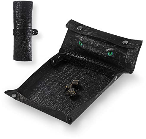 DND Würfeltablett & Würfelsack 2 in1, PU-Leder Würfeltablett für Brettspiel, Würfel Rolling Tray enthält einen Würfelsack zum Verstauen von Münzen und Würfeln, Glow in The Dark Grünes Auge DND Zubehör