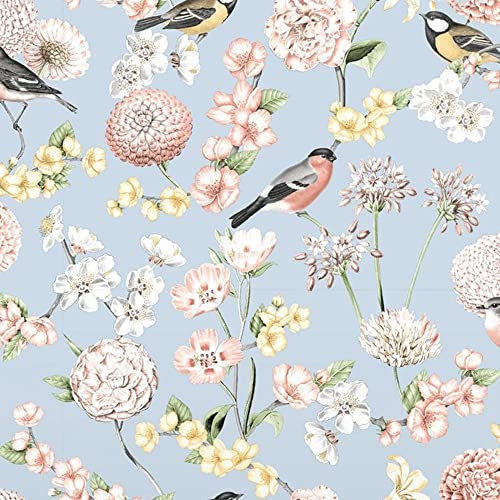 Limoges Multicoloured Floral Bird Wallpaper - Flowers Garden Nature Blue Pink White Yellow Modern Contemporary