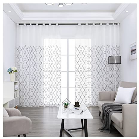 Lieson Vorhang Gardinen Schlafzimmer 2er Set, Polyester Transparenter Vorhang mit Ösen Geometrische Stickerei Vorhänge Wohnzimmer Grau 102x183CM
