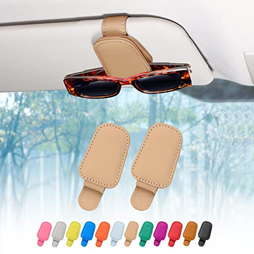 quipuda 2 Pack Brillenhalter für Auto Sonnenblende,Echt Leder Auto Visier Zubehör Sonnenbrillen Halterung Magnetische Sonnenbrillenhalter Ticket Clip (Hellbraun)