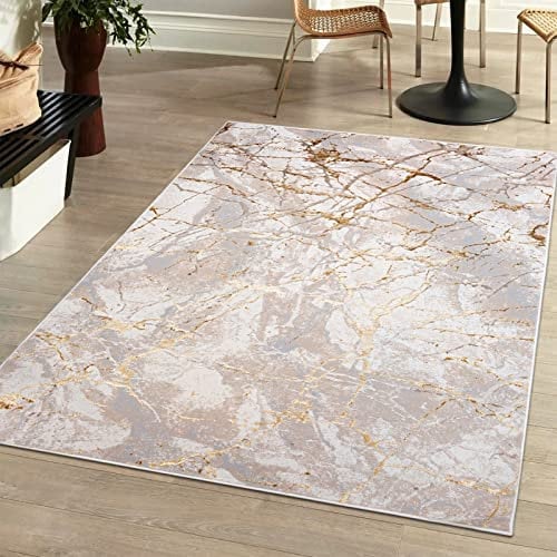 Mazovia Modern Teppich Wohnzimmer, Kurzflor elegant glänzender - Abstrakt Marmor Design - Wohnzimmerteppich in Beige Creme mit Gold 80 x 150 cm