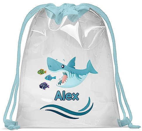 Personalizable Bolsa de Gimnasio en la Piscina con Nombre Bolsa Transparente 30 x 40 cm Bolsa Impermeable Gymsac Bolsa de Cuerdas Bolsa de Estampado Fitness Shark Name [010]