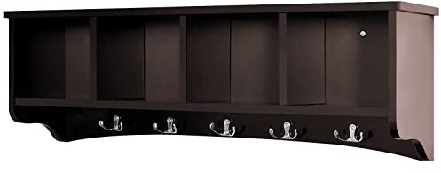 COSTWAY Wall-Mounted Coat Rack Shelf, 72cm Wall Coat Hanger with 4 Storage Compartments and 5 Dual Hooks, Wooden Hanging Display Cabinet Hallway Organiser for Entryway Bathroom Living Room (Coffee)