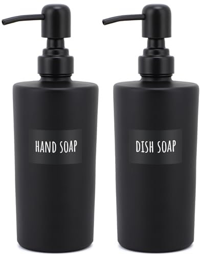 Segbeauty Distributeur Savon, 2 Pièces 450ml Flacon Pompe Verre, Bouteille Shampoing Vide avec Étiquettes, Distributeurs de Savon et de Lotion, Cuisine Accessoires