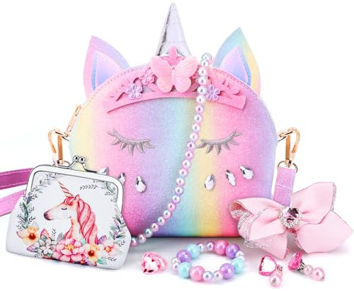 JYPS Sac à Main Licorne pour Petites Filles, 7PCS Sac à Bandoulière Mignon pour Enfants avec Dress up Jewelry Set Faire Semblant Accessoires de Jeu, Cadeau d'anniversaire Licorne Cadeau Fille Jouet