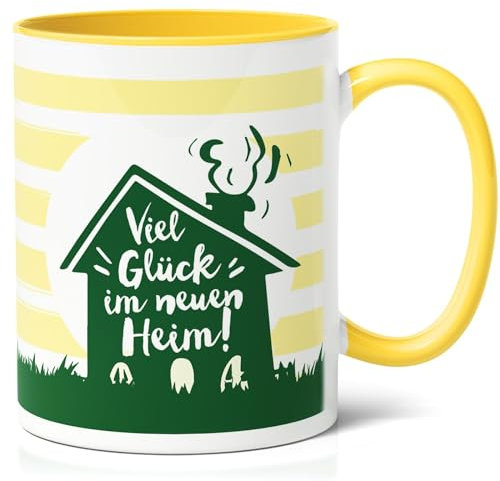 Geschenk Viel Glück im neuen Heim - Kaffee-Tasse (330ml) Keramik für Einzug, Richtfest, Haus Einweihung - Präsent für Freunde, Familie, Kollegen zu Geburtstag oder Weihnachten (Gelb)
