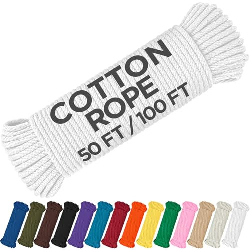 TECEUM Baumwollseil 3/16 (5mm) - 50FT - Starkes Allzweck-Geflochtenes Seil - Natürliche Baumwolle - Zum Basteln, Festmachen, Wäscheleine, DIY, Indoor & Outdoor - Weiß