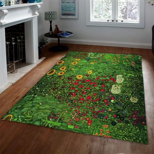 Via Vela Blume Badezimmerteppiche Grün Gustav Klimt Teppiche für Wohnzimmer Rustikaler Bereich Teppich Küchenteppiche Rutschfester waschbarer Eingangsteppich 80x150 cm