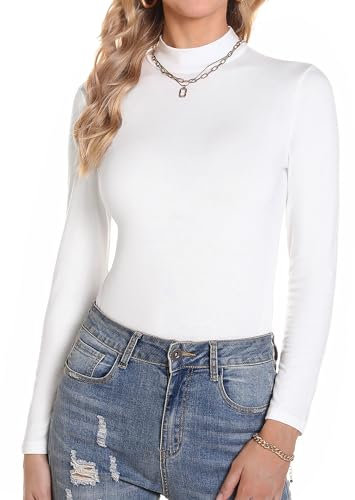 Aottori Womens Long Sleeve Base Layer Tops Ladies Polo Neck Thermal Underwear Lightweight Slim Fit Cotton Jumpers Basic Pullover Top for Spring Autumn Winter White L