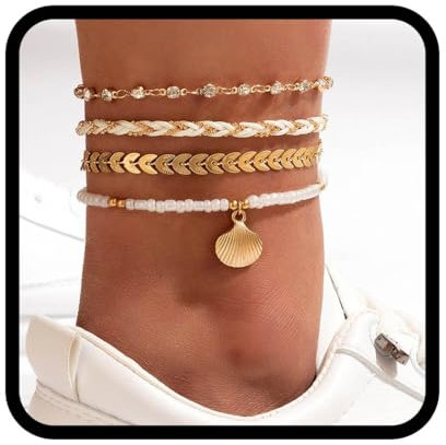 Flovel Boho Perlen Muschel Fußkettchen Goldfarbene Strass Fußkettchen Geflochtene Sommer Strand Fußkette für Frauen