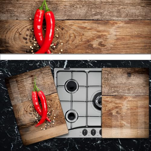 Pannello Copri Piano Cottura Induzione Fornelli Piastra Tagliere | Peperoncini su Legno | 52x75 cm | per 5 Fuochi | da Cucina | in Vetro Temprato | 2 Pezzi