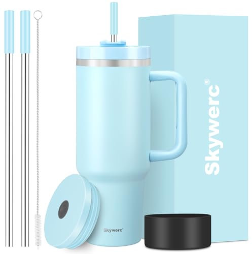 Gobelet de 1200 ml avec poignée et paille, couvercle 2 en 1, bouteille d'eau isotherme à double paroi en acier inoxydable – Tasse de voyage – Cadeau de vacances pour homme et femme – Bleu ciel