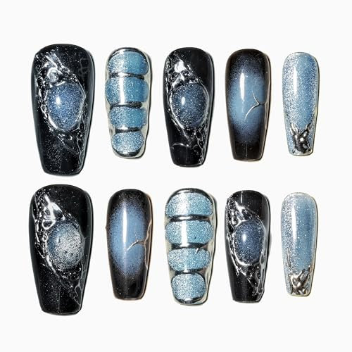 Sun&Beam Nails Handgefertigte Kunstnägel Mittel Lang Sargform Ballerina Nägel zum Aufkleben in Blau Schwarz Verlauf Handgemalt Magnetisches Design mit Klebepads 10 Stück (#138 L)
