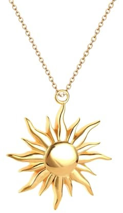 Kritz Damen Halskette Sonne Gold - Schmuck Anhänger Sonnenschein Maya Inka Rund Vergoldet 18K mit Verstellbare Kette - Modisches Geschenenk für Frauen (Sonne Stern)