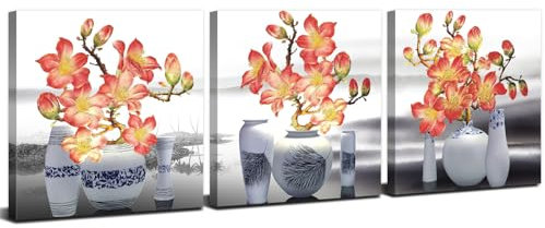 Modern Flower Canvas Wall Art for Bathroom Wall Decor Nature Plant Painting Still Life Floral Vase Pictures Bouquets Botanical Prints Minimalist Posters Artwork for Living Room Decorations 12x12 3PCs