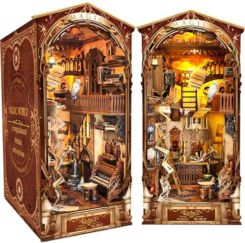 BuzzoXerex DIY Book Nook, Fermalibri in Legno 3D con Copertura Antipolvere, DIY Miniature Kit con Luce LED Manuale per Arredare le Librerie e fare Regali Creativi (Mondo Magico)