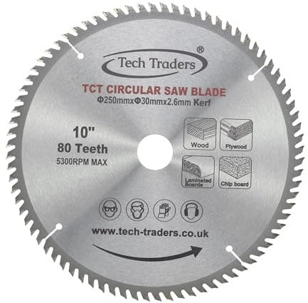 Tech Traders TCT Circular Wood Saw Blade 250mm x 30mm x 80T for Bosch, Makita etc fits 255mm saws