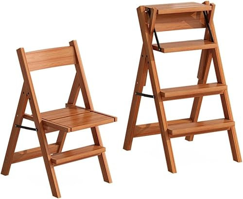 Repose-pieds Marchepied Chaise échelle pliante en bois massif Marchepied à double usage Chaise à 4 marches Tabouret d'escalier multi-convertible Maison Cuisine Jardin Bibliothèque/Couleur bois