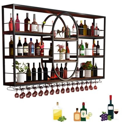 Wall Mounted Wine Rack Metal Wine Rack Bar Shelves Wall Mounted With Hanging Wine Glass Rack Holder Mini Bar Liquor Bottle Display Shelf Whiskey Shelf Alcohol Cabinet Kitchen Storage Shelves(Black,120