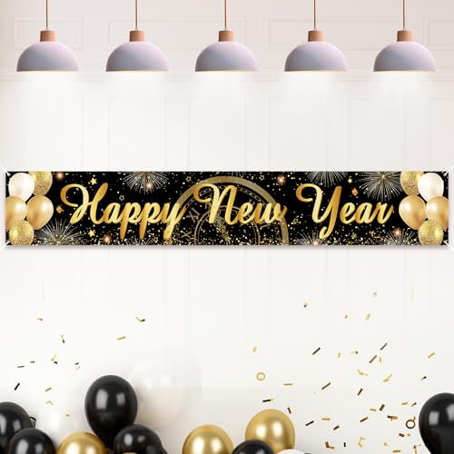 Koliphy Silvester Deko 2026 Neujahrs Banner, Happy New Year Banner Silvester Party Stoff Dekoration, 2026 Neujahr Deko für Drinnen & Draußen, 270 x 40cm