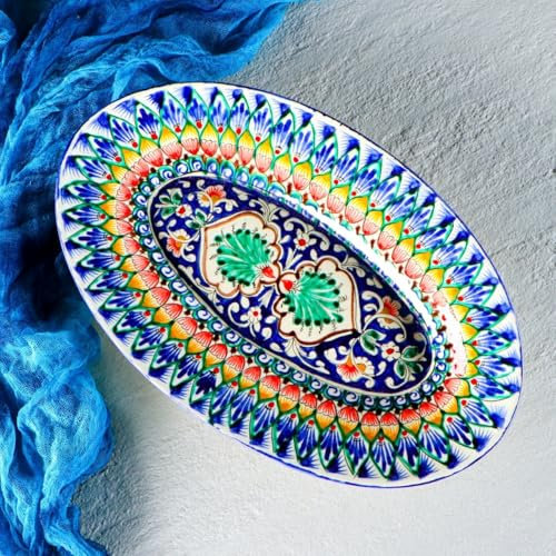 Plato ovalado de cerámica Rishan de 13 pulgadas, plato pintado a mano para platos calientes, vajilla de cerámica esmaltada tradicional multicolor, plato ovalado hecho a mano Uzbekistán