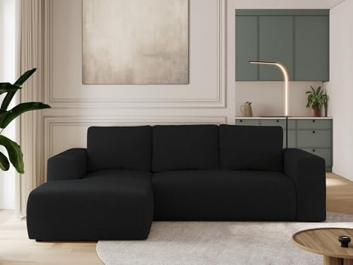 MKS MEBLE Sofa mit Schlaffunktion - Ecksofa mit Schlaffunktion und Bettkasten - Sofa 3 Sitzer - Schlafsofa - Couch - Schlafsofa mit Bettkasten - Trentino L - Schwarz Boucle - Links