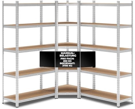 ALL Premium Schwerlastregal Eckregal 180x70x40 cm + 2X 180x90x40 cm Silber - 1250kg Traglast – stabiles Eckregal stehend, vielseitiges Regalsystem, Corner Shelf, ideal für Keller & Lager