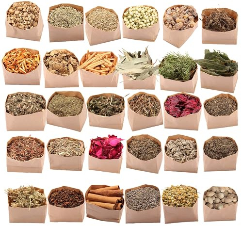 Set di 30 Erbe Magiche, Erbe e Fiori Mistici Essiccati, Accessori Wicca e Erboristeria Magica per Incantesimi & Rituali - Protezione, Purificazione, Divinazione, Guarigione