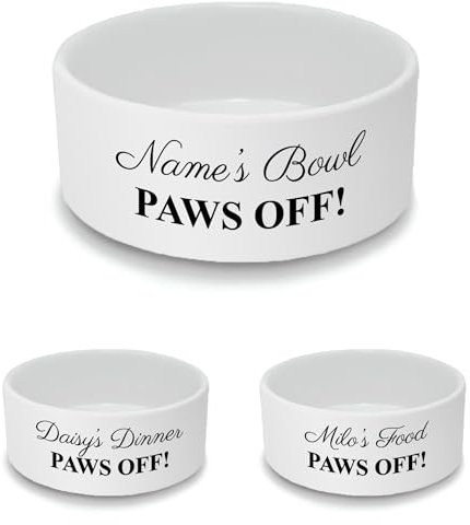Personalised Ceramic Cat Bowl - Large White Pet Food Dish with Paws Off! Design - Custom Name Cat Bowl 15cm Wide x 6cm Deep - Ideal for Medium to Large Cats