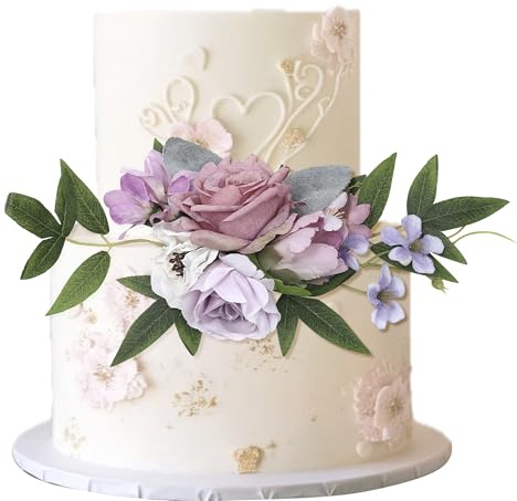 Xsstarmi 1 Pack Assembled Artificial Flowers Cake Topper Decoration Artificial Leaves Fake Flowers Purple Rose Cake Pick for Wedding Birthday Valentine's Day Party DIY Cake Decorations Supplies